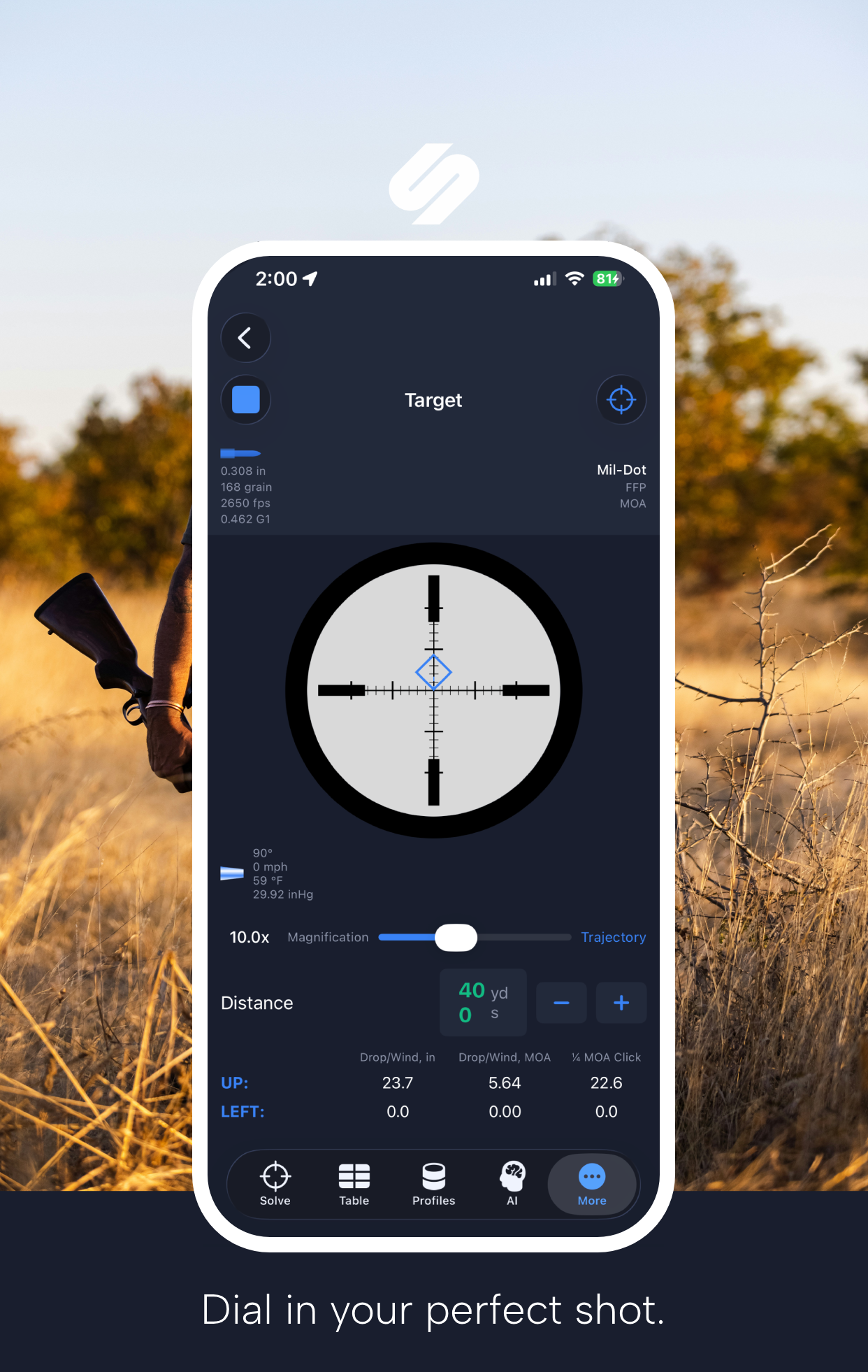 Strelok AI scope reticle with holdover HUD