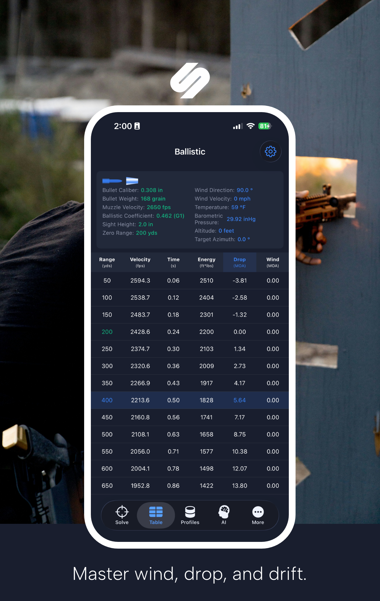 Strelok AI ballistic table with range and drop